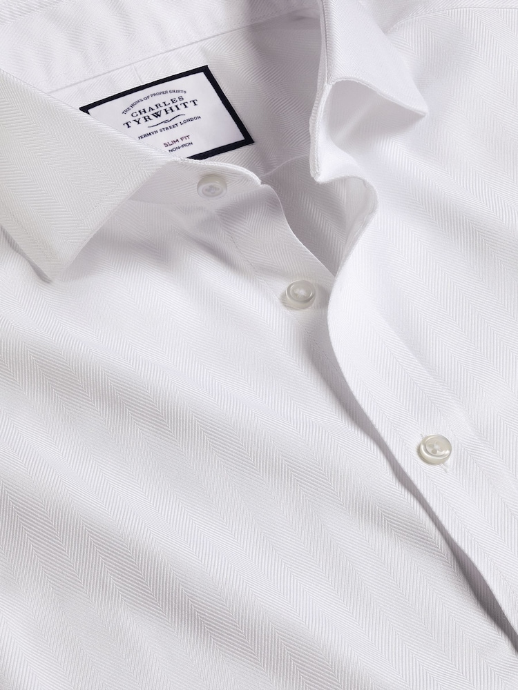 Charles Tyrwhitt White Slim Fit Cutaway Non-iron Herringbone 100% Cotton Shirt - Image 4 of 4