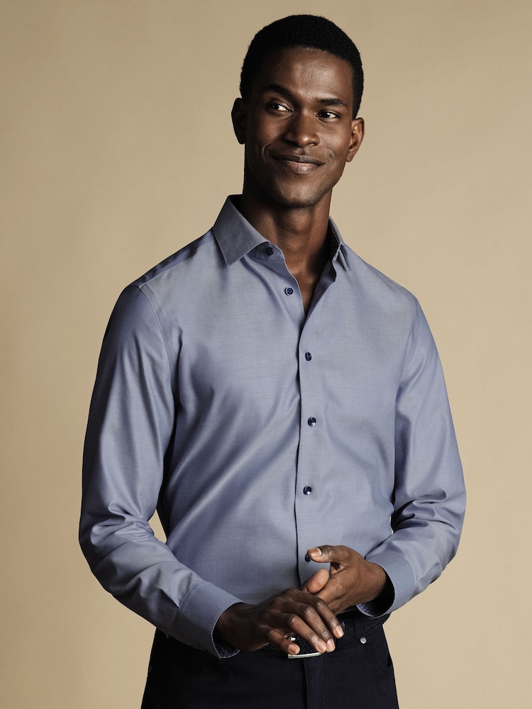Charles Tyrwhitt Dark Blue Non-iron Twill With Printed Trim Slim Fit 100% Cotton Shirt - Image 1 of 6