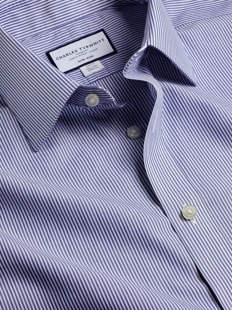 Charles Tyrwhitt Blue Non-iron Bengal Stripe Slim Fit 100% Cotton Shirt - Image 4 of 4