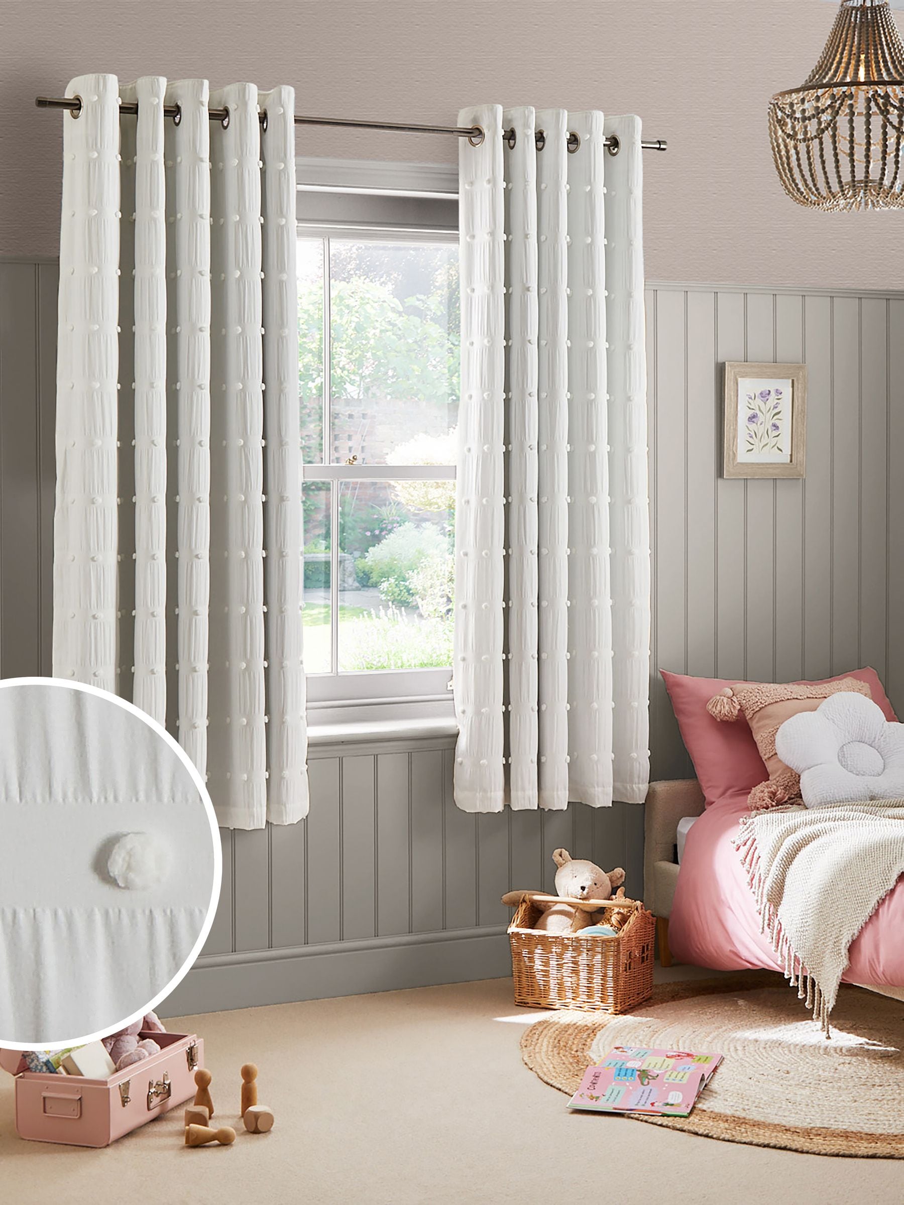 White Bobble Pom Eyelet Blackout Curtains