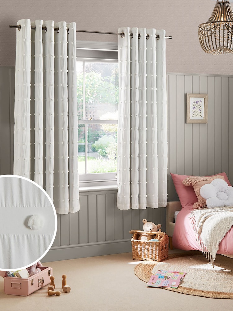 White Bobble Pom Eyelet Blackout Curtains - Image 1 of 6