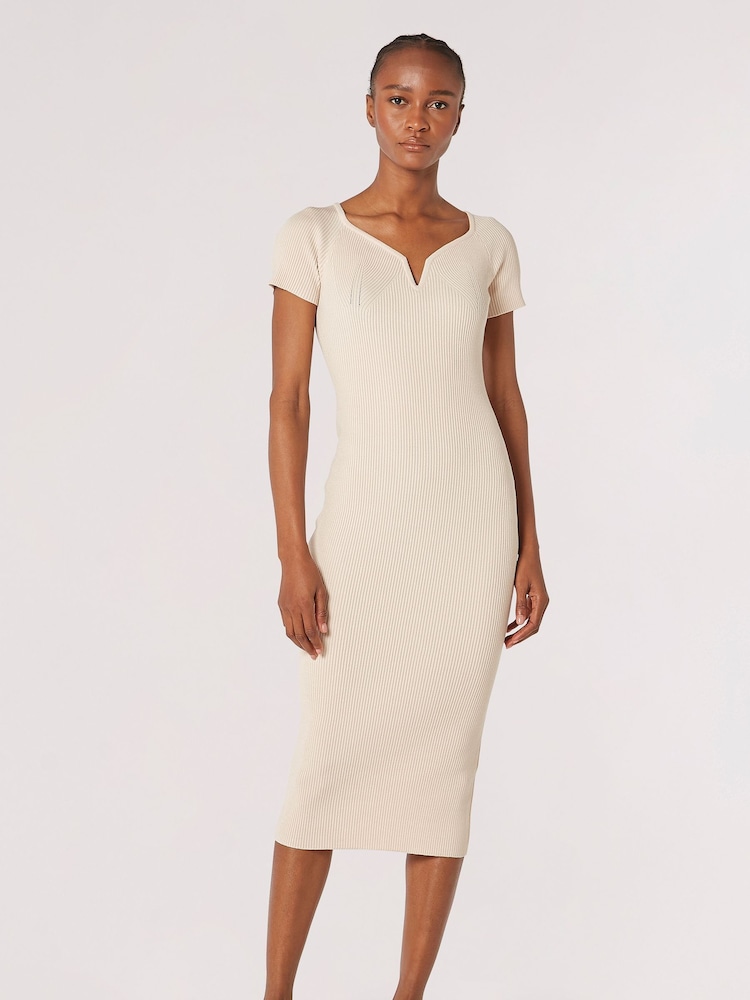 Apricot Natural Notch V-Knitted Rib Midi Dress - Image 1 of 6