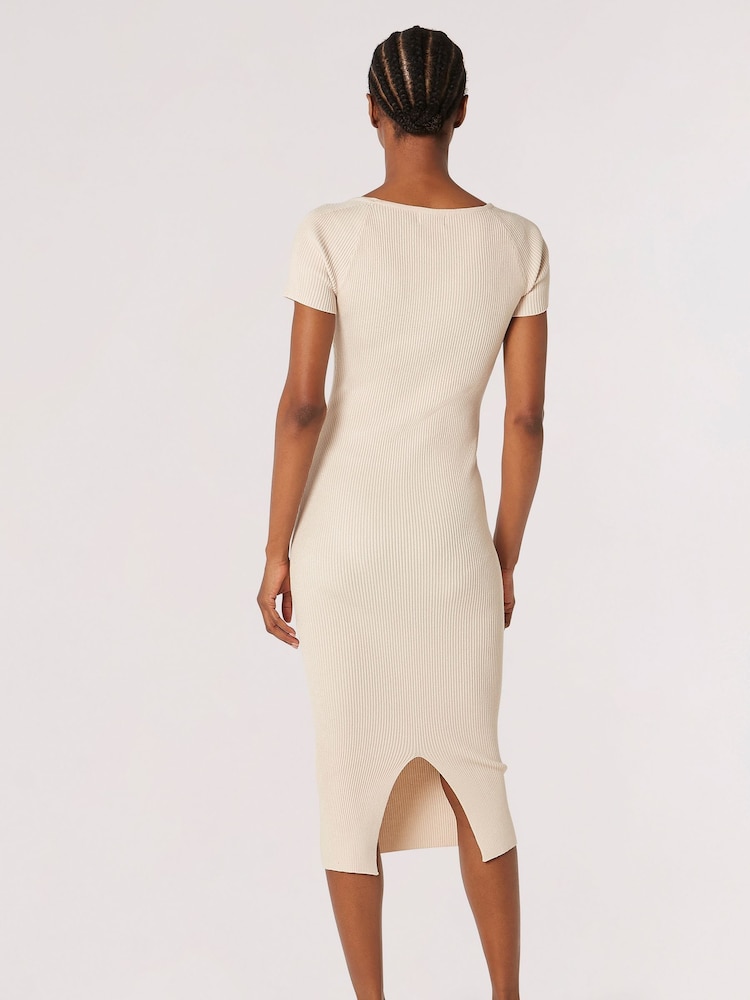 Apricot Natural Notch V-Knitted Rib Midi Dress - Image 2 of 6