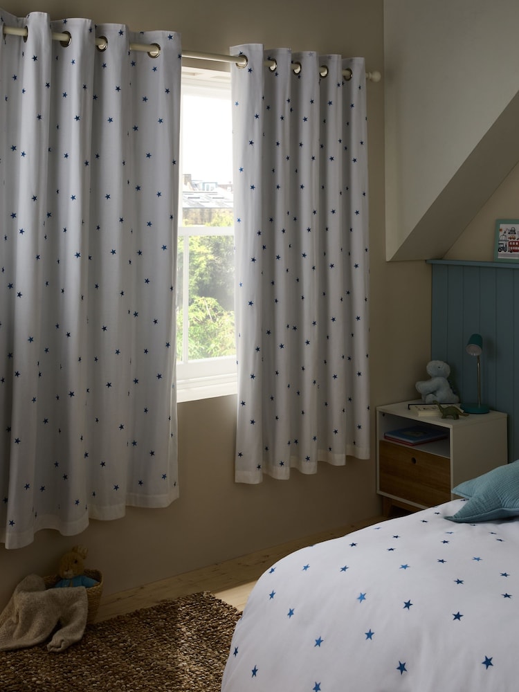 Blue Star Embroidered Star Eyelet Blackout Curtains - Image 2 of 5 Blue Star Embroidered Star Eyelet Blackout Curtains - Image 2 of 5
