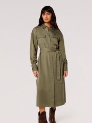 Apricot Green 2 Pocket Utility Long Sleeve Shirt Dress - Image 1 of 3