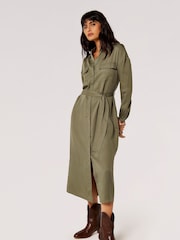 Apricot Green 2 Pocket Utility Long Sleeve Shirt Dress - Image 3 of 3