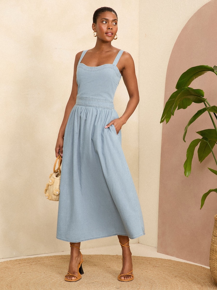 Love & Roses Blue Chambray Denim Strappy Midi Dress - Image 1 of 4