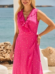 Sosandar Pink Metallic Fleck Print Ruffle Hem Fit & Flare Wrap Dress - Image 4 of 5