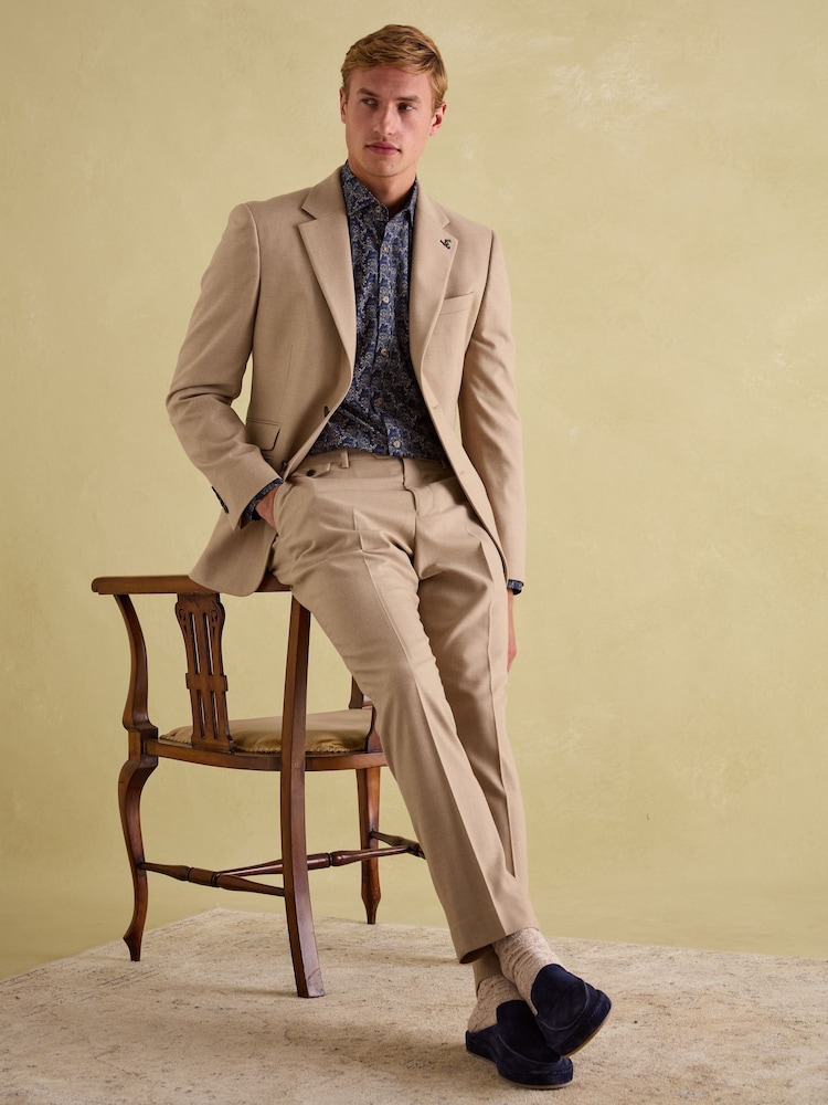 Joules Tan Brown Slim Fit Flannel Suit Jacket - Image 9 of 9
