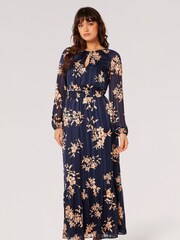 Apricot Blue Silhouette Floral Satin Shimmer Maxi Dress - Image 1 of 4