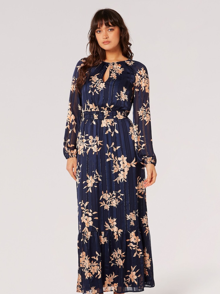 Apricot Blue Silhouette Floral Satin Shimmer Maxi Dress - Image 1 of 4 Apricot Blue Silhouette Floral Satin Shimmer Maxi Dress - Image 1 of 4