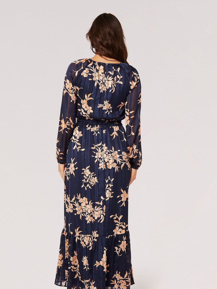 Apricot Blue Silhouette Floral Satin Shimmer Maxi Dress - Image 2 of 4 Apricot Blue Silhouette Floral Satin Shimmer Maxi Dress - Image 2 of 4