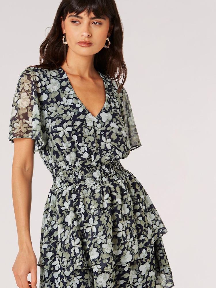 Apricot Blue Watercolour Rose Layered Mini Dress - Image 1 of 4 Apricot Blue Watercolour Rose Layered Mini Dress - Image 1 of 4