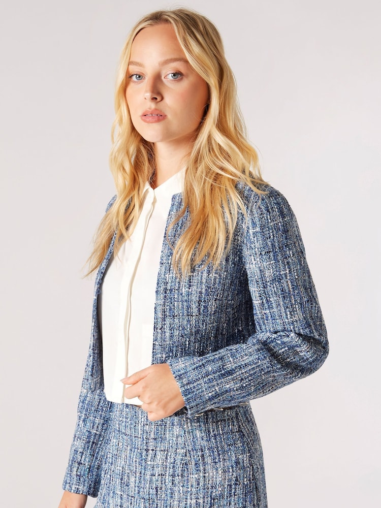Apricot Blue Textured Tweed Collarless Blazer - Image 1 of 4