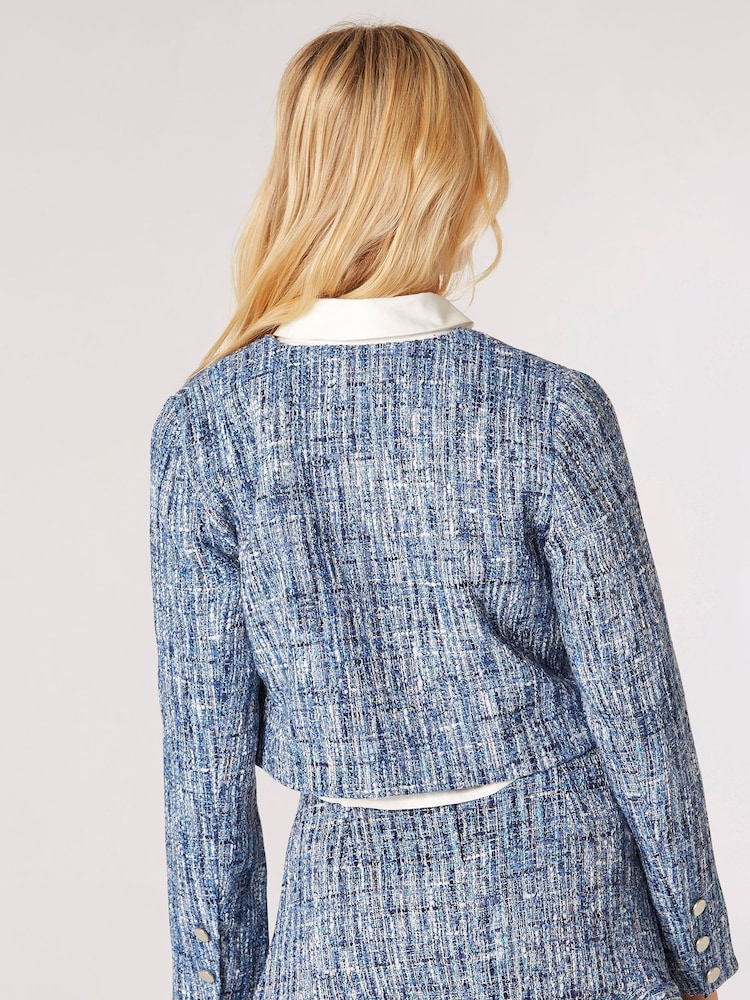 Apricot Blue Textured Tweed Collarless Blazer - Image 2 of 4