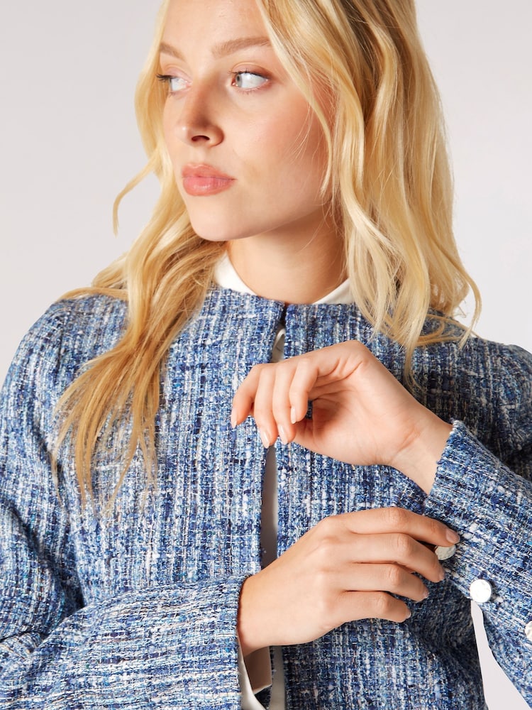 Apricot Blue Textured Tweed Collarless Blazer - Image 4 of 4