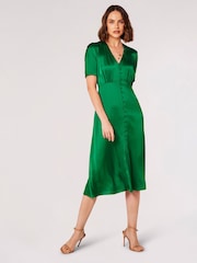 Apricot Green Satin Button Down Midi Dress - Image 1 of 4