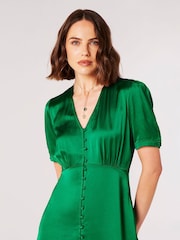 Apricot Green Satin Button Down Midi Dress - Image 3 of 4