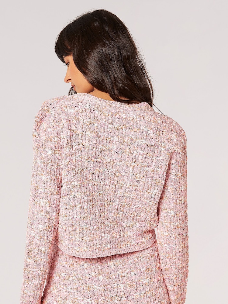 Apricot Pink Textured Check Cropped Cardigan - Image 2 of 5 Apricot Pink Textured Check Cropped Cardigan - Image 2 of 5