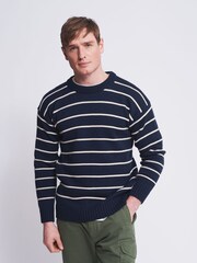 Aubin Navy Purl Striped Crew Neck Jumper - Image 1 of 7