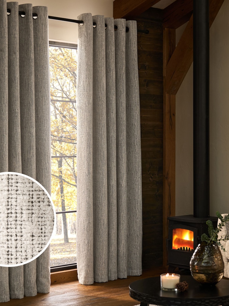 Black/White Cross-Hatch Textured Eyelet Lined Curtains - Image 2 of 5