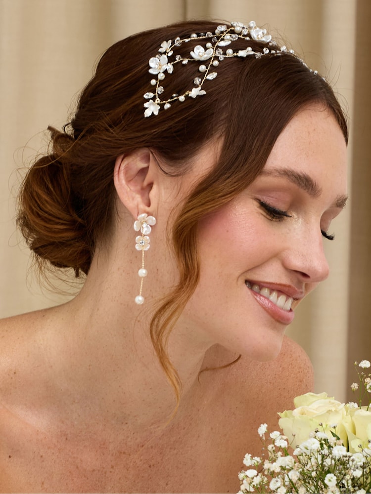 Jon Richard Gold Tone Floral And Freshwater Pearl Linear Earrings - Image 2 of 4