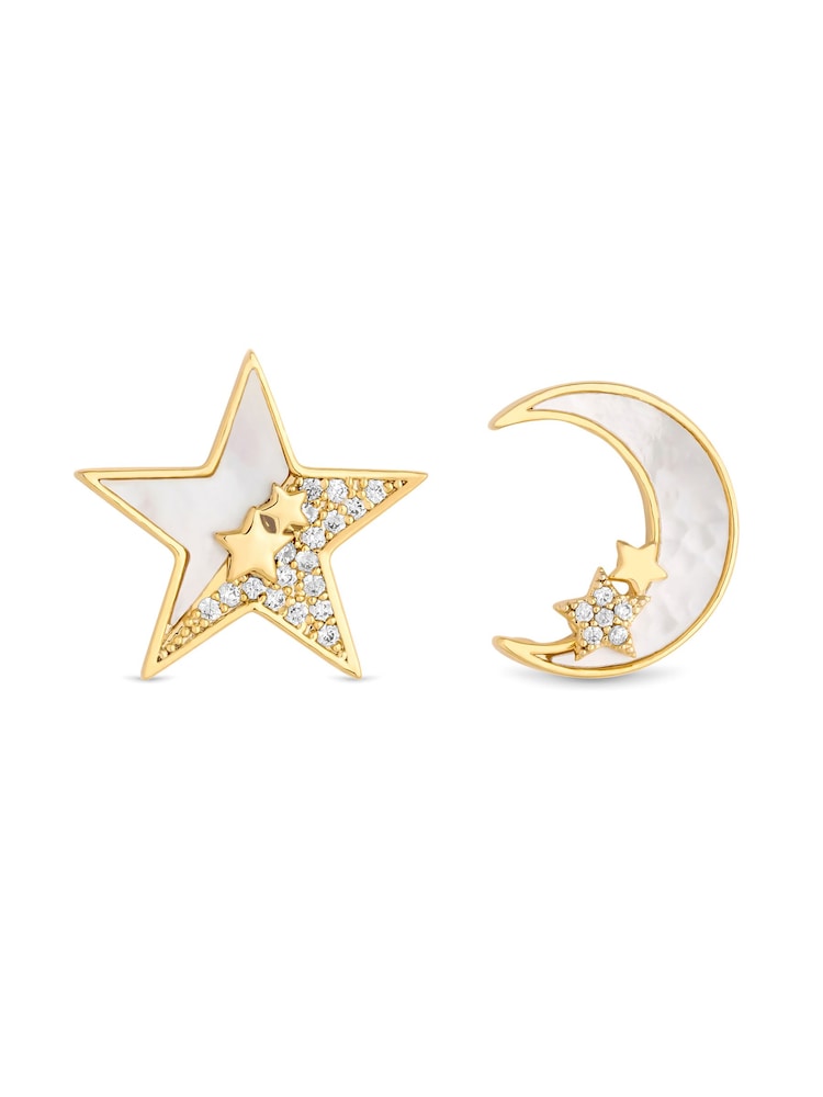 Jon Richard Gold Tone Cubic Zirconia And Mother Of Pearl Celestial Mis Match Stud Earrings - Image 1 of 4