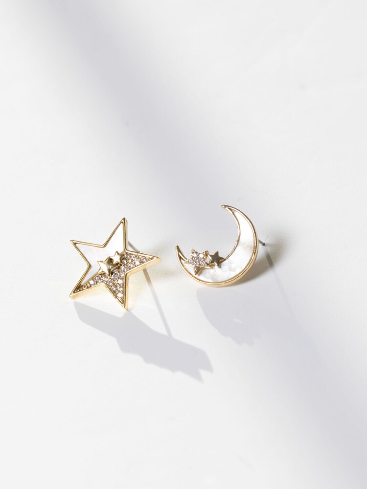 Jon Richard Gold Tone Cubic Zirconia And Mother Of Pearl Celestial Mis Match Stud Earrings - Image 2 of 4