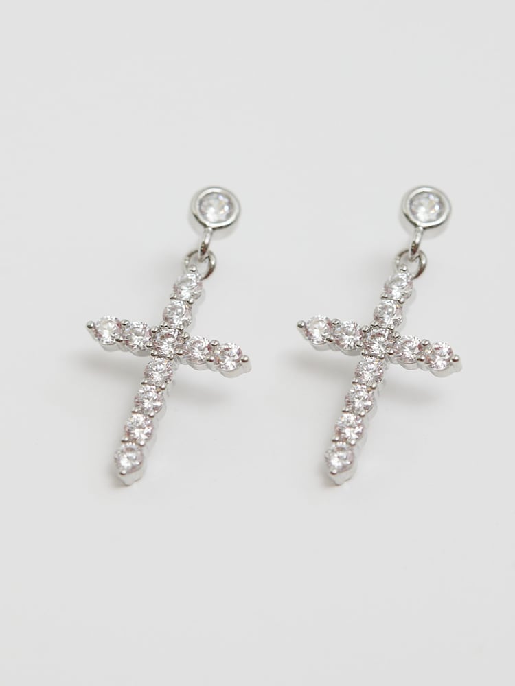 Jon Richard Silver Tone Cubic Zirconia Cross Charm Earrings - Image 1 of 3 Jon Richard Silver Tone Cubic Zirconia Cross Charm Earrings - Image 1 of 3