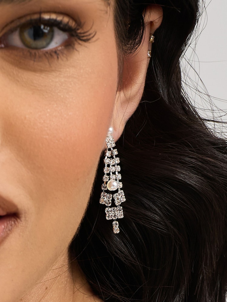 Jon Richard Silver Tone Pearl And Crystal V Drop Earrings - Image 1 of 4
