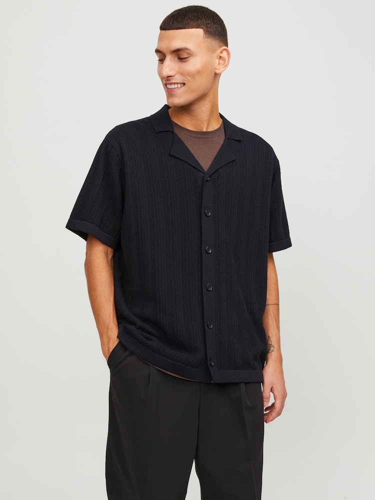 JACK & JONES Black Stuctured Knitted Short Sleeve Button Up Shirt - Image 1 of 6