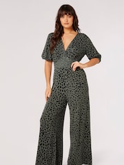 Apricot Green Cheetah Smock Waist Jumpsuit - Image 1 of 4