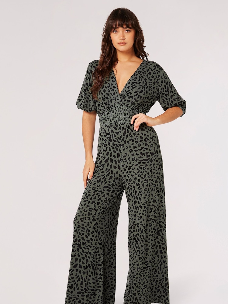 Apricot Green Cheetah Smock Waist Jumpsuit - Image 1 of 4