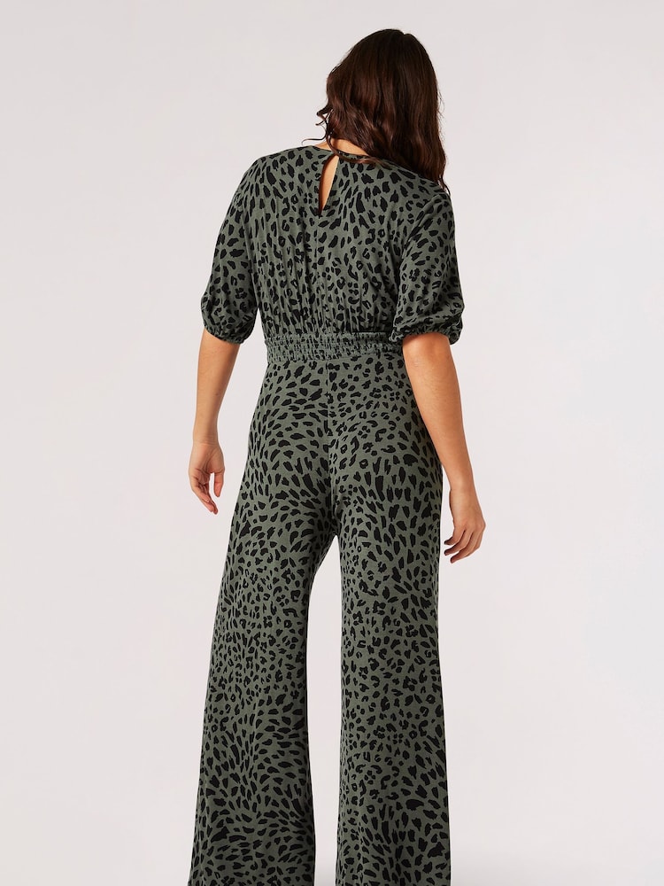 Apricot Green Cheetah Smock Waist Jumpsuit - Image 2 of 4 Apricot Green Cheetah Smock Waist Jumpsuit - Image 2 of 4