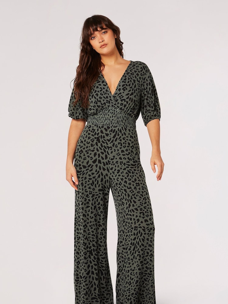 Apricot Green Cheetah Smock Waist Jumpsuit - Image 4 of 4