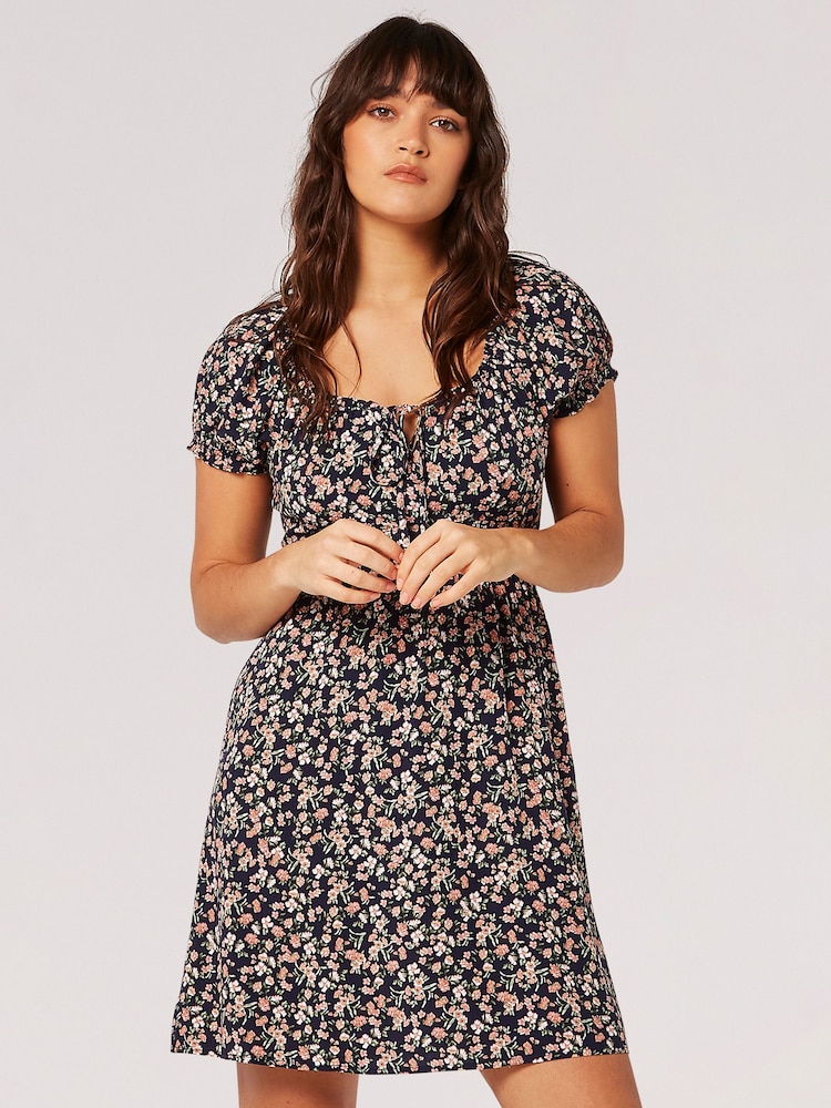 Apricot Blue/white Sketch Ditsy Mini Milkmaid Dress - Image 1 of 4