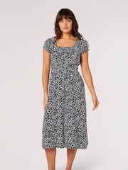 Apricot Blue Navy Brush Dot Milkmaid Midi Dress - Image 1 of 8