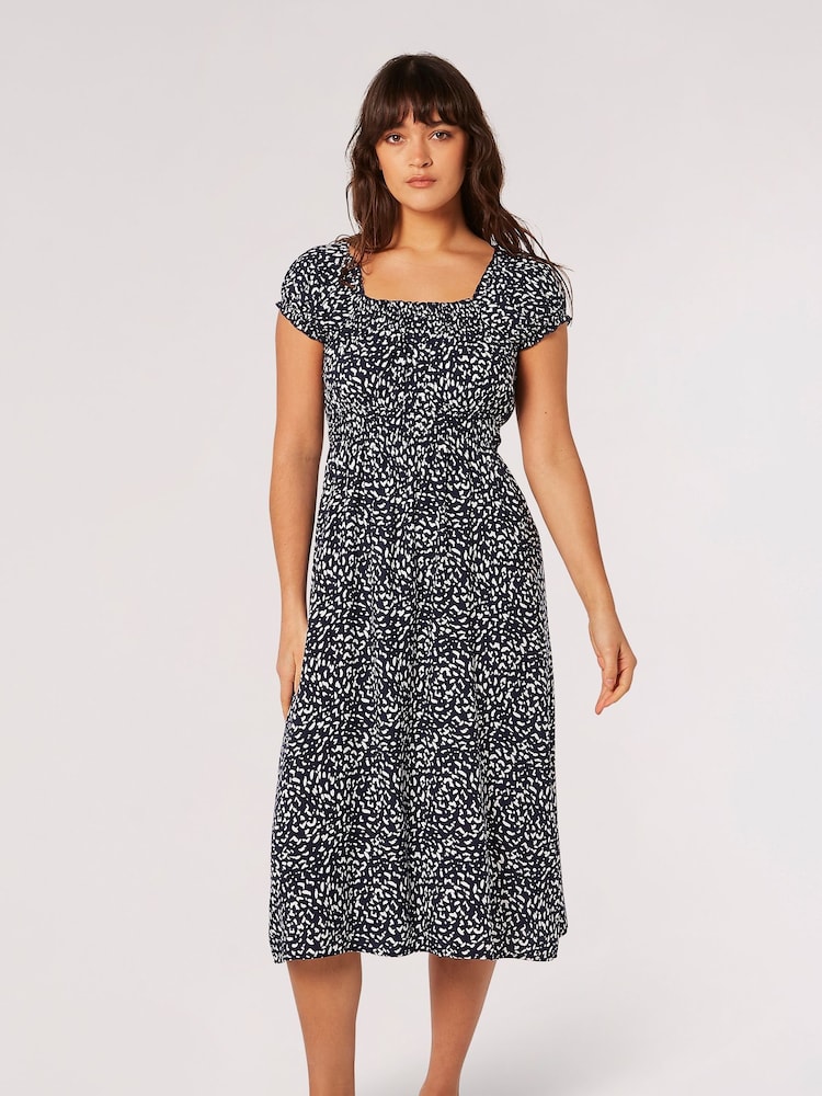 Apricot Blue Navy Brush Dot Milkmaid Midi Dress - Image 1 of 8