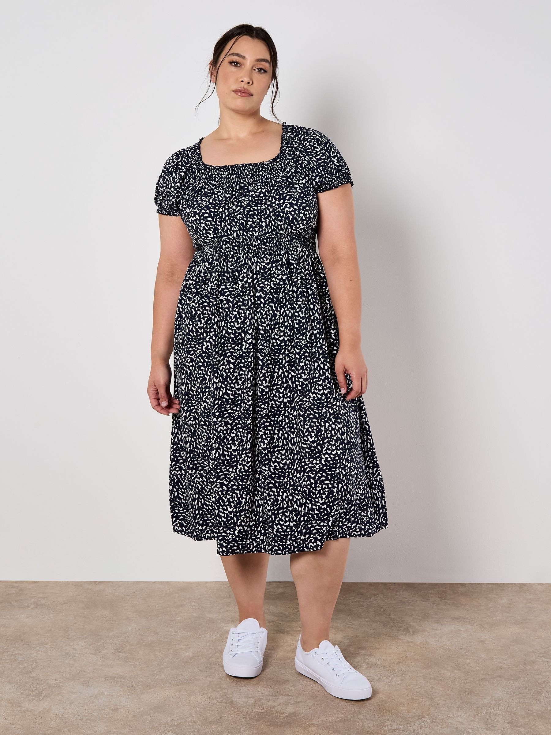 Buy Apricot Blue Navy Brush Dot Milkmaid Midi Dress from the Next