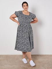 Apricot Blue Navy Brush Dot Milkmaid Midi Dress - Image 6 of 8