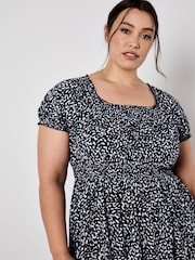 Apricot Blue Navy Brush Dot Milkmaid Midi Dress - Image 7 of 8