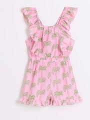 River Island Pink Girls Palm Print Playsuit - Image 1 of 4