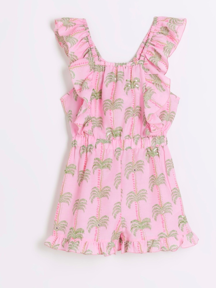 River Island Pink Girls Palm Print Playsuit - Image 1 of 4