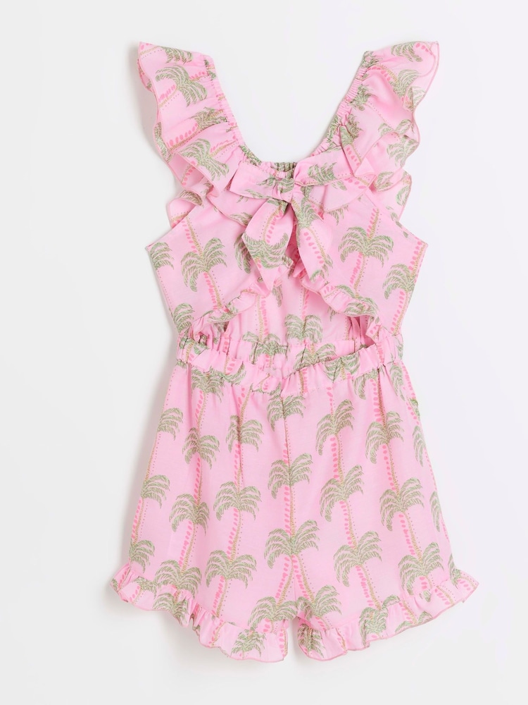 River Island Pink Girls Palm Print Playsuit - Image 2 of 4 River Island Pink Girls Palm Print Playsuit - Image 2 of 4