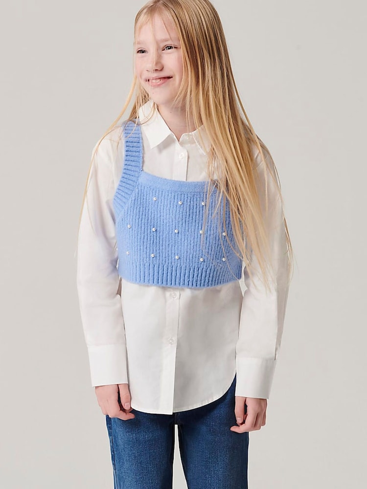 River Island Blue Girls Pearl Embellished Hybrid Jumper Set - Image 1 of 7 River Island Blue Girls Pearl Embellished Hybrid Jumper Set - Image 1 of 7