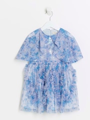 River Island Blue 100% Cotton Girls Floral Tierred Dress - Image 1 of 3