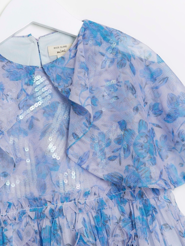 River Island Blue 100% Cotton Girls Floral Tierred Dress - Image 2 of 3