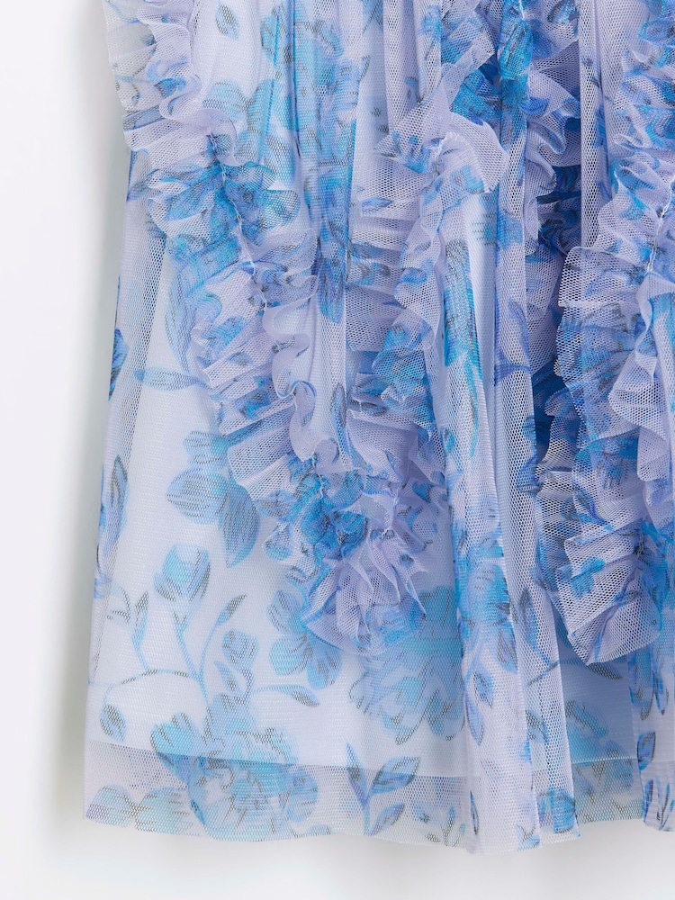 River Island Blue 100% Cotton Girls Floral Tierred Dress - Image 3 of 3