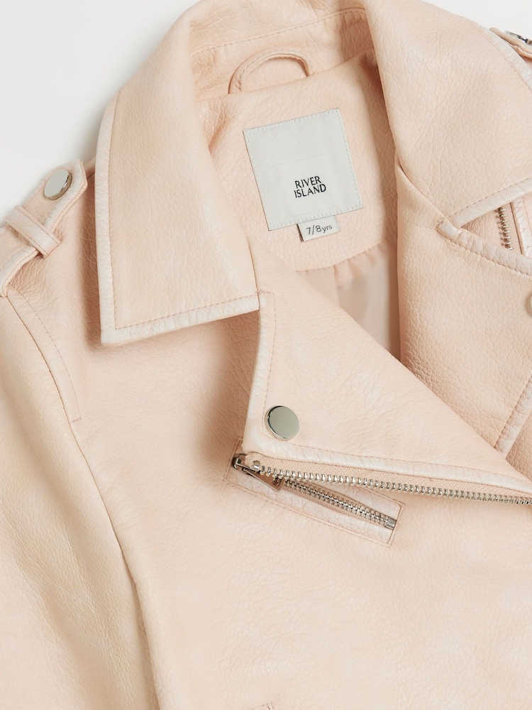 River Island Pink Girls Faux Leather Distressed Biker Jacket - Image 3 of 3