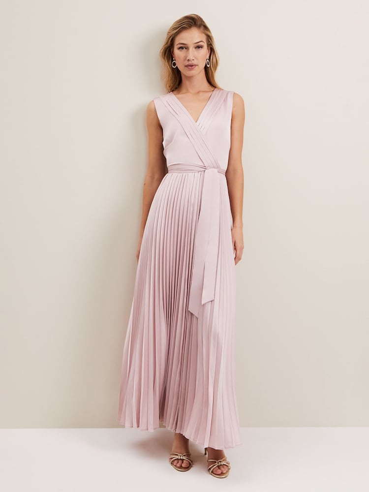 Phase Eight Pink Bonnie Pleat Wrap Satin Maxi Dress - Image 1 of 7